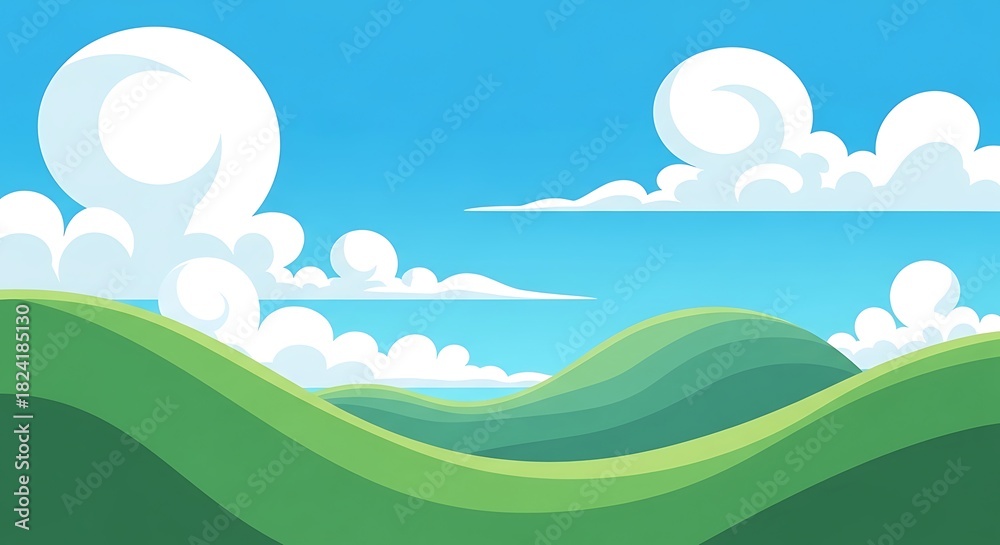 Fototapeta premium A stylized cartoon landscape with smooth rounded green hills