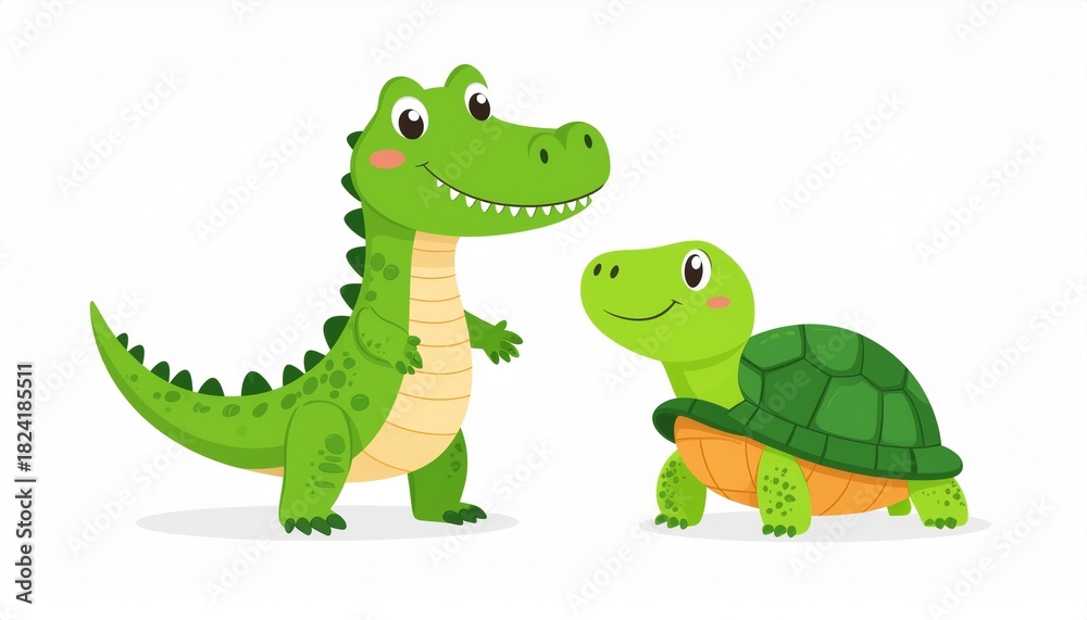 Naklejka premium Set of Cute Kawaii Crocodile and Turtle Animals