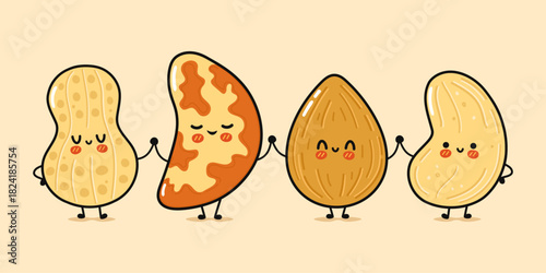 Cute cartoon nuts holding hands representing friendship and unity
