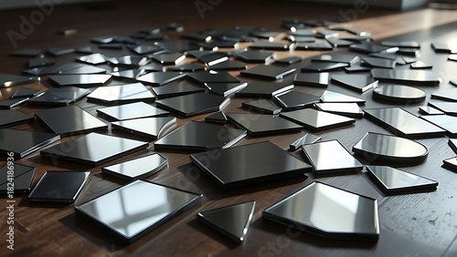 superego. Broken mirror pieces scattered on floor reflecting distorted surfaces. wellbeing guides, coaching materials, designed for coaching and self-improvement content, clarifies learning.