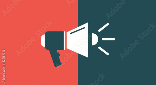 Megaphone icon announcing news on split background communication and promotion.