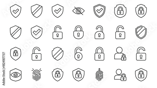 Advanced Security Protection, Privacy Controls, Shield, Lock & Cyber Safety Line Icons for Secure Digital Platforms