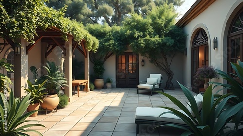 Fototapeta Naklejka Na Ścianę i Meble -  Hyperrealistic rendering of a tranquil patio environment, with a keen eye for detail in the foliage and architectural elements, achieving photographic accuracy