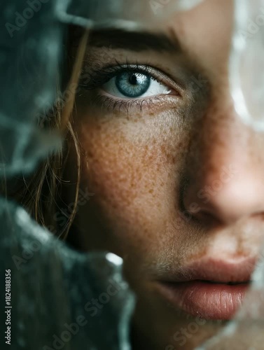 Capturing the essence of beauty through a close-up portrait with broken glass reflections in a serene setting