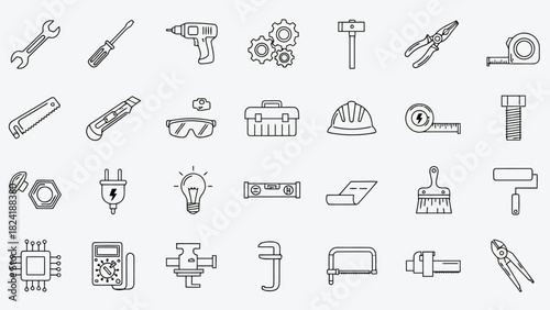 Professional Tools, Engineering Equipment, DIY Hardware & Industrial Maintenance Line Icons for Technical Design