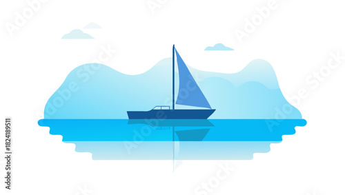 Solitude on the Horizon: A single sailboat cuts through the calm, blue waters, its reflection mirroring the serenity of a peaceful dawn. The vast expanse of the sea evokes a sense of solitude and.