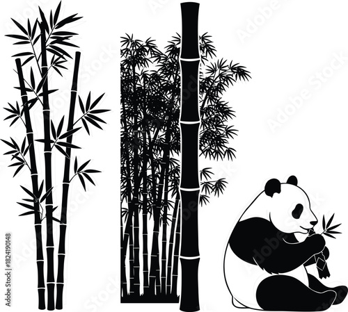 Panda bear eating bamboo beside bamboo forest and stalk silhouettes