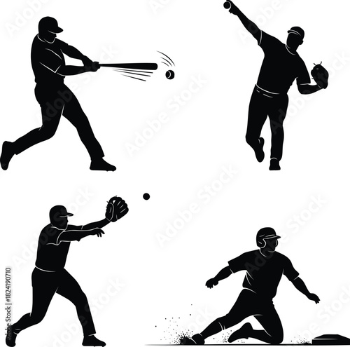 Baseball player silhouettes batting, pitching, catching, and sliding