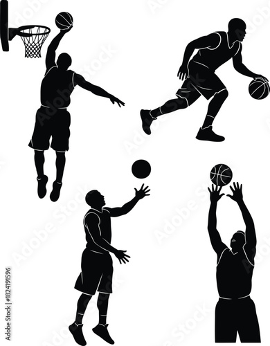 Basketball player silhouettes dribbling, shooting, and dunking ball