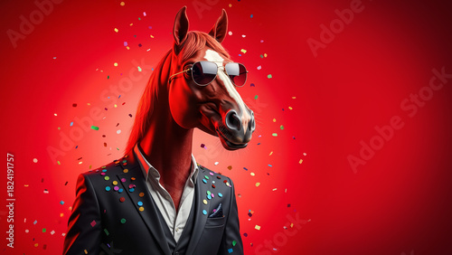Portrait of a horse in a red suit and sunglasses against a red background, festive mood, confetti. 2026 symbol - Red Horse