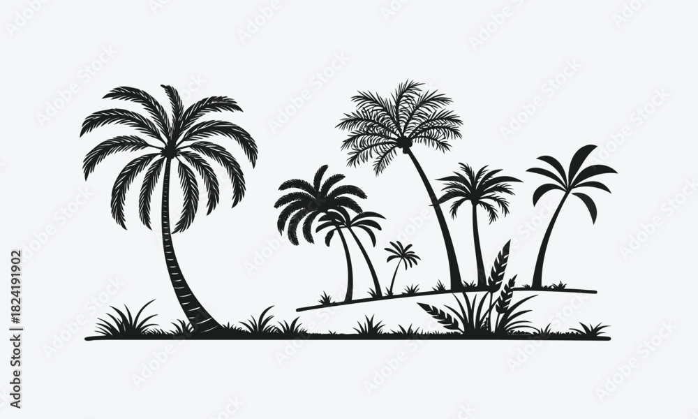 Obraz premium Tropical palm tree silhouettes on beach vector illustration