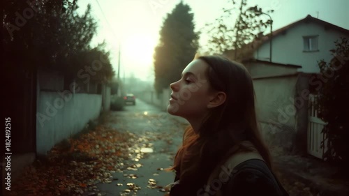 A girl in raw film style, on a subburt villange creapy town, no filter. Documentaire, kodak film