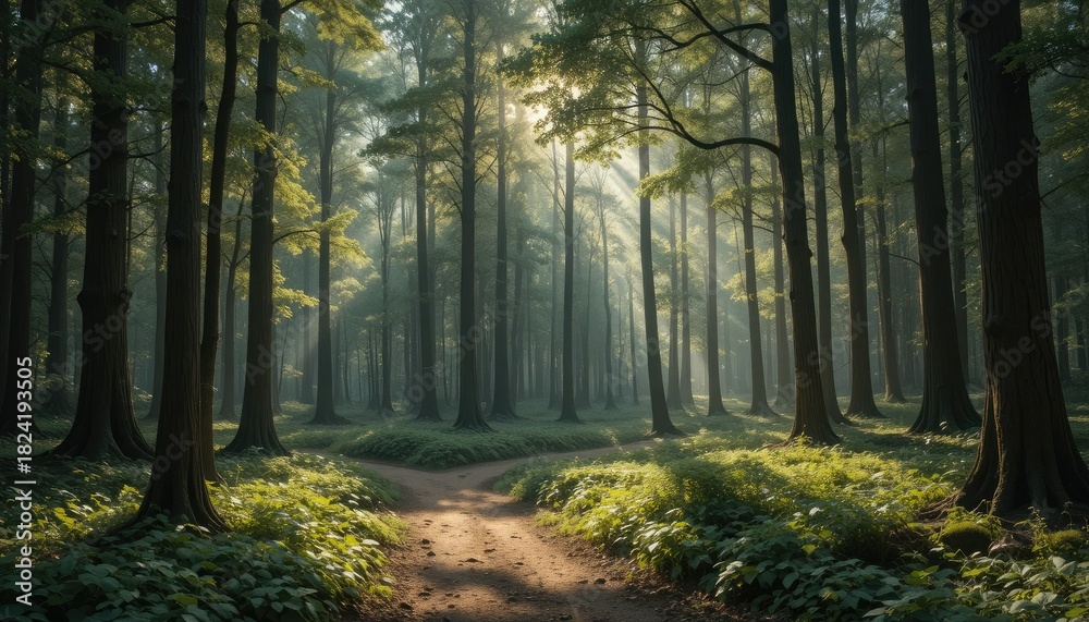 Naklejka premium Enchanting sunlit forest path inviting peaceful exploration and serene contemplation