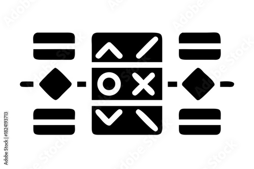 Black and white icon representing game strategy, decision making, and flow