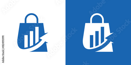 A modern dual-meaning logo combining a shopping bag with a rising financial graph and arrow, symbolizing profitable shopping, smart commerce, and upward business growth.