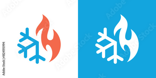 A striking dual-meaning logo combining snow and fire elements, symbolizing balance between cold and heat, contrasting forces, and dynamic energy in a modern design.