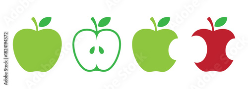 Apples graphic icons set. Fruits isolated signs on white background. Vector illustration. A collection of  featuring whole, bitten, and halved apples with stems and leaves.