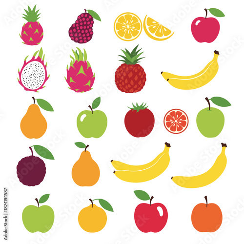 A vibrant and healthy collection of fresh fruits including apples, bananas, citrus, pears, and exotic varieties on a white background.