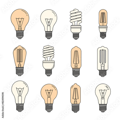 A collection of various light bulb types, including incandescent, LED, and compact fluorescent, showcasing different shapes and designs.