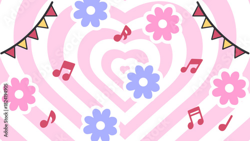 Pink Decorative Heart with Floral and Music Notes. Perfect for cute romantic designs, party themes, Valentine Day graphics, kid illustrations, greeting cards, and festive invitations