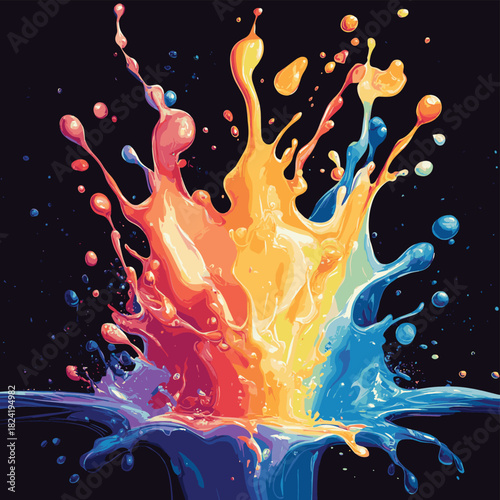An energetic digital illustration capturing a vibrant, dynamic splash of colorful liquid, frozen in motion, conveying impact and fluidity. , vector style simple color