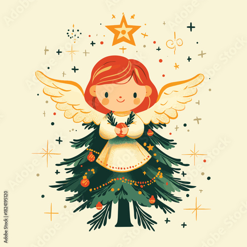 This flat design vector offers a close-up of a delicate angel ornament adorning a Christmas tree within a church, symbolizing peace and divine presence. , vector style simple color