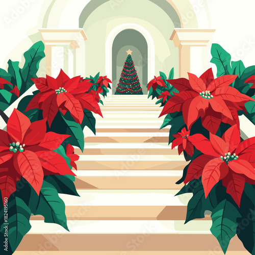 This flat design vector showcases a festive display of bright red poinsettia plants adorning the steps within a church, symbolizing Christmas cheer and tradition