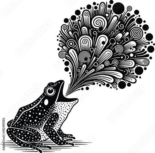 Black and white frog illustration with abstract speech bubble design art eps silhouette