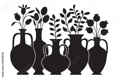  Collection of antique ceramic vases with botanical branches silhouette