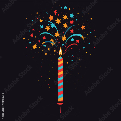 A dynamic concept art illustration of a Roman candle firework, depicted actively shooting multiple colorful 'stars' upwards, signifying a lively celebration