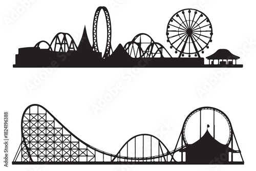  Amusement park skyline with roller coasters and ferris wheel silhouette