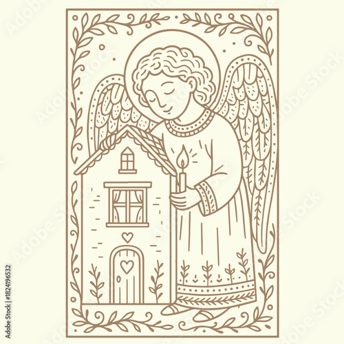 Guardian Angel with Candle and Cozy House. A delicate line-art illustration of a protective angel watching over a warm home, drawn in folk style.