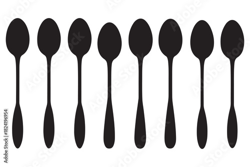  A row of identical silver spoons in a clean black silhouette against a white background
