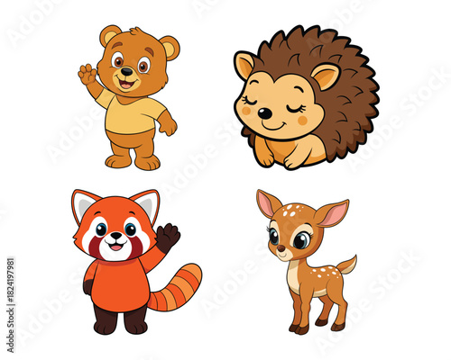 red panda cartoon, cute red panda illustration, baby red panda vector, baby hedgehog cartoon, cute hedgehog illustration, hedgehog vector design, baby deer cartoon, cute fawn illustration, deer baby v
