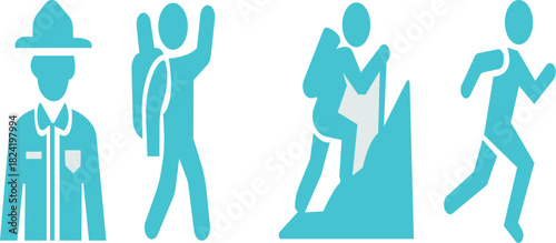 Hiking icon set. Camping icons featuring tents, and outdoor activities in a monochrome style targeting adventure enthusiasts. Hiking Essentials Icons. Solid icon with black color.