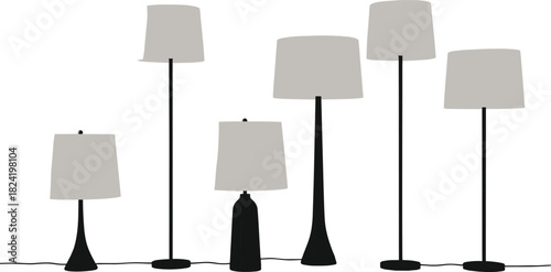 Standing lamp icon vector—six black bases with light gray shades in varied heights and styles for interior decor visuals 