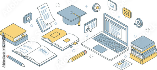 Online education and e-learning icon vector—laptop, graduation cap, books, and chat tools for digital learning visuals