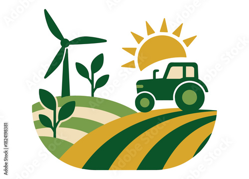 Sustainable farming: wind turbine, tractor, sun, and crops in eco-friendly agriculture scene