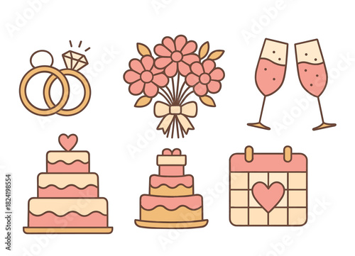Wedding celebration icons with rings, cake, bouquet, calendar and glasses