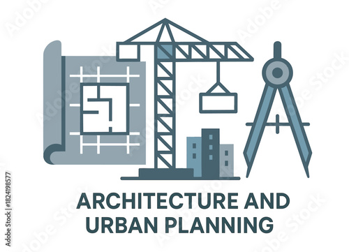 Architecture and urban planning: blueprint, crane, and compass illustration