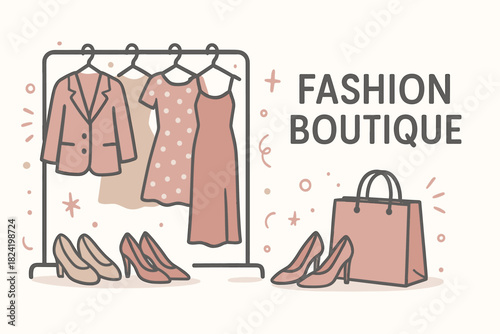 Chic women's fashion display: dresses, blazers, shoes, and shopping bag