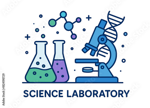 Colorful science laboratory illustration with microscope and beakers