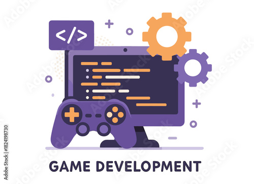 Game development concept with controller, code, and gears on computer screen