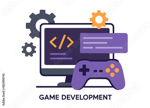 Game development design: code on screen with controller and gear icons