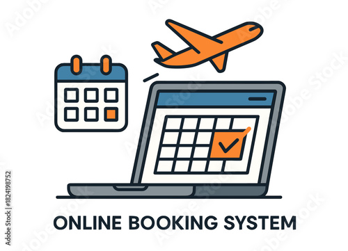 Online booking system with laptop, calendar, and airplane icon