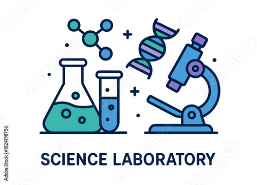 Science laboratory icon with microscope dna molecule and beakers