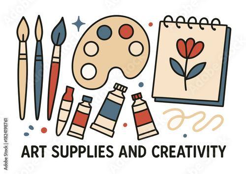 Art supplies and creativity: paintbrushes, palette, and sketchpad with flower design