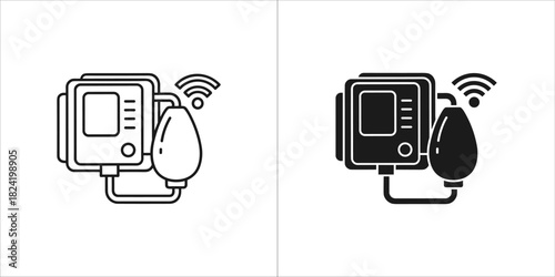 Wireless blood pressure monitor icon set showing outline and solid glyph styles for medical health measurement