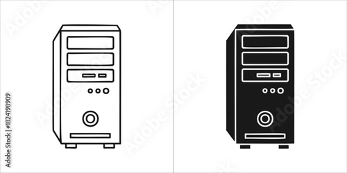 Desktop computer tower icon set with outline and solid black versions, isolated on