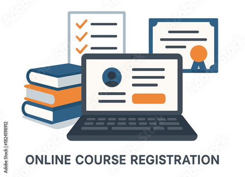 Online course registration: laptop with books, certificate, and checklist